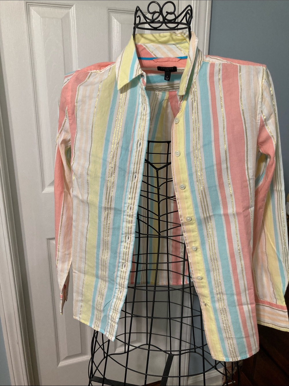 Talbots Pastel Stripe Button-Down Shirt - Coral, Mint, Yellow, Cream